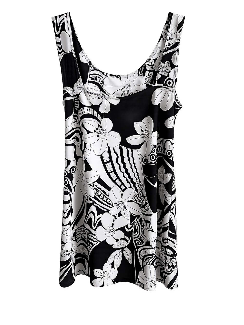Vintage Black & White Retro Floral Print Semi-Sheer Lined Dress Size L